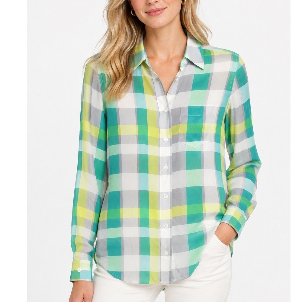Equipment Femme Plaid Silk Shirt Green Gray Yellow Size XS Button Down Blouse